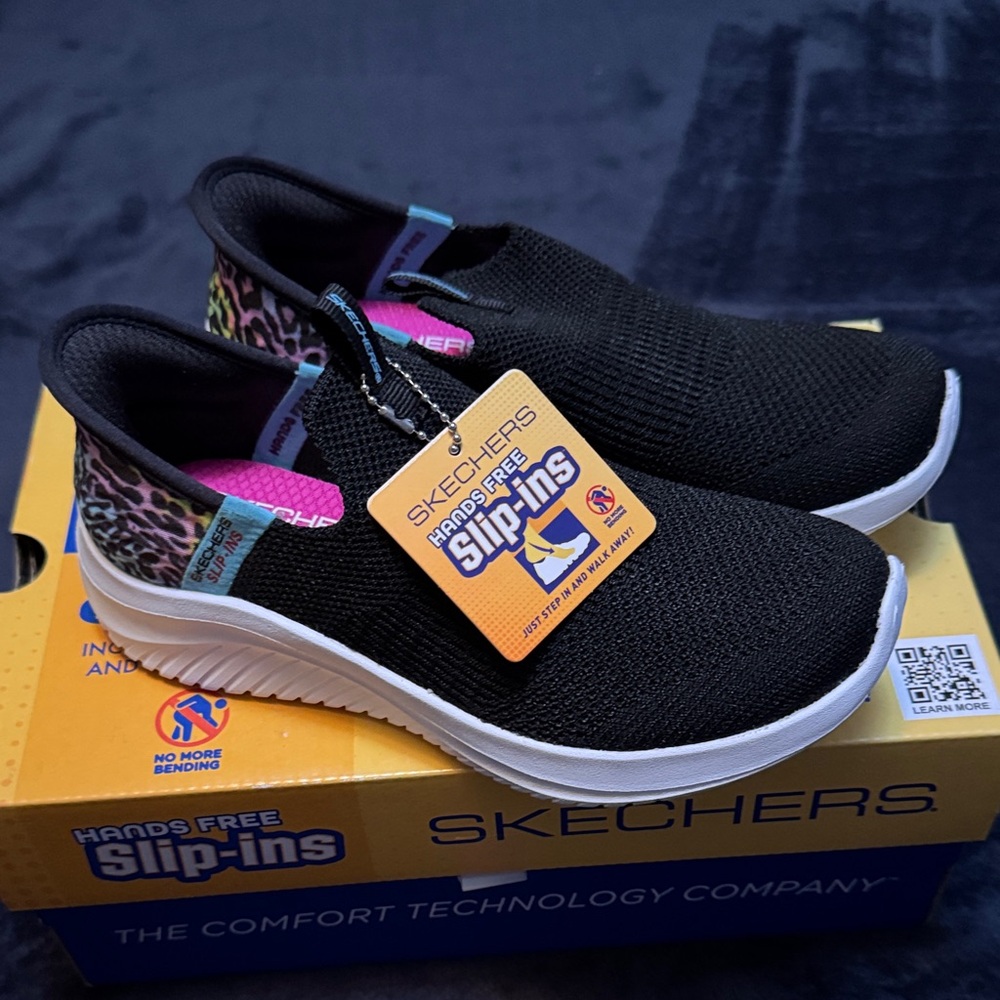 Skechers Black Slip-On Shoes with Leopard Accent